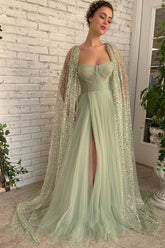 Gorgeous Long A-line Strapless Tulle Front Slit Prom Dress with Cape